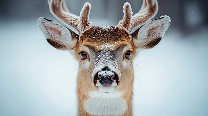 Snow-covered deer portrait, winter forest background; wildlife photography