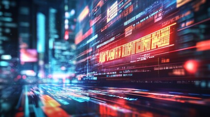 Futuristic city street with digital data stream overlay.