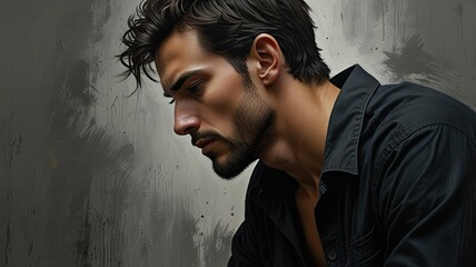 A young man with a well groomed beard appears deep in thought dressed in a black shirt set against a textured gray background that enhances the mood