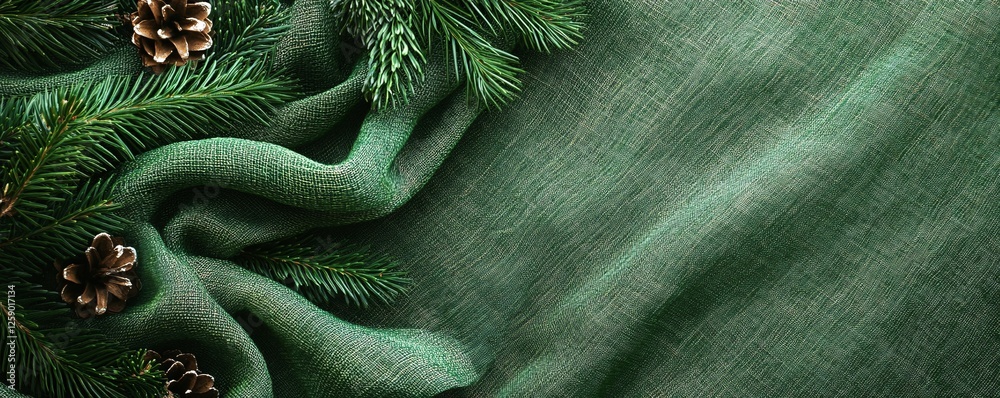 Poster christmas fir branches and golden pine cones are lying on a green fabric background with copy space