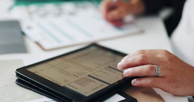 Person, hands and tablet for logistics at warehouse with prices, inventory or budget for supply chain job. Screen, writing notes or online checklist for distribution app and package at shipping depot