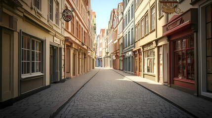 Fototapeta premium European city street, empty, one point perspective, photography, realistic. Gravity-Warped Cities. Illustration