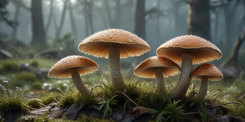 Fototapeta premium Fungi caps glistening with dew in the morning mist , dawn, nature