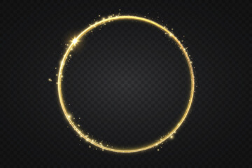 Abstract golden light ring with a glowing twirl effect, isolated on a transparent background. A modern vector illustration featuring swirling energy trails, curved light beams, and sparkles.