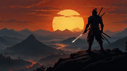 A lone warrior silhouetted against a vibrant sunset stands poised on a rocky outcrop surveying the expansive valleys and distant mountains