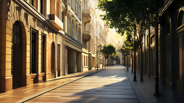 European city street, empty, one point perspective, photography, realistic. Gravity-Warped Cities. Illustration
