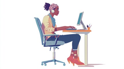 Woman working at a computer, modern office setting, illustration, digital art