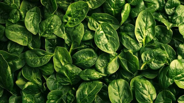 A lush surface of spinach leaves densely arranged, their deep green color filling the entire frame with freshness.