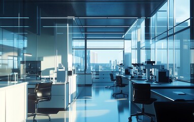A modern laboratory interior with glass walls, a white and blue color scheme, high-tech equipment on desks, black chairs, microscopes, and large windows