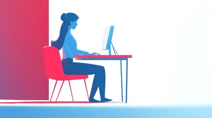 Woman working at computer, simplified illustration, office setting