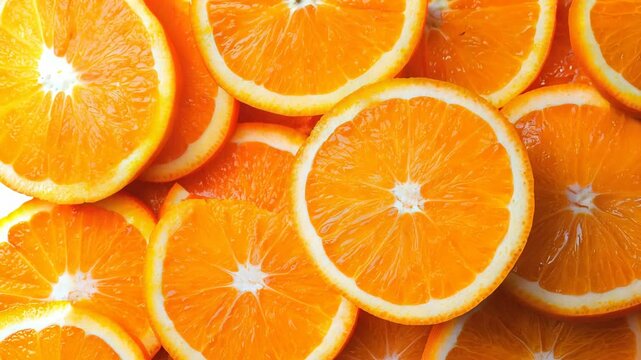 A close-up of orange slices and wedges, covering the entire surface with bright, sunny orange tones.