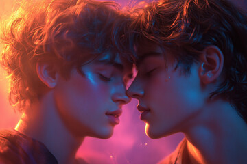 A heartfelt kiss shared between two people amidst neon-lit surroundings. Their closeness and tender connection radiate love, creating a perfect moment for celebrating the joy of gay love on St. Valent