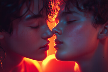 A heartfelt kiss shared between two people amidst neon-lit surroundings. Their closeness and tender connection radiate love, creating a perfect moment for celebrating the joy of gay love on St. Valent