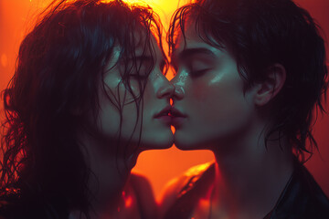 Two souls unite in a soft kiss, surrounded by the glow of neon signs. The intimate moment captures the essence of love and connection, making it a beautiful tribute to St. Valentine’s Day for the LGBT