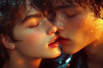 A loving kiss between two people, their faces illuminated by vibrant neon lights. The tender, serene moment perfectly reflects the beauty of gay love and the warmth of a shared connection