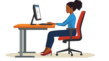 Woman working at computer, good posture, office setting, for ergonomic advice