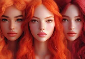 Obraz premium Three Models with Vibrant Red-Orange Wavy Hair in Unique Styles