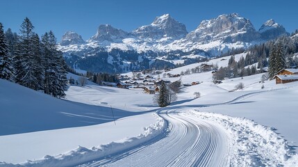 Snowy mountain village cross-country ski trail