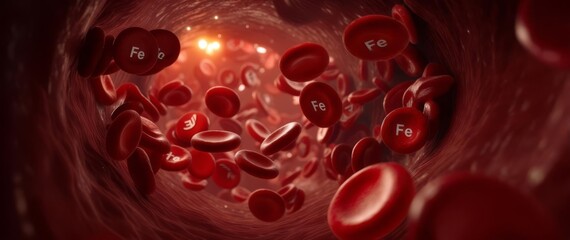 Fe or Ferrum molecules combining with blood cells and integrating into the metabolism.	