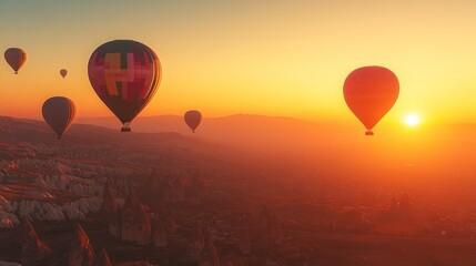 Obraz premium Hot Air Balloons Soaring Over Cappadocia At Sunrise