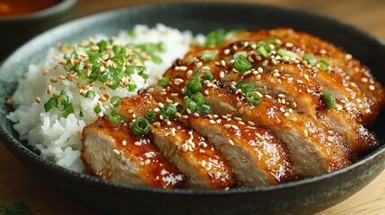 Deliciously plated grilled chicken with rice and garnishes, set on a wooden table backdrop