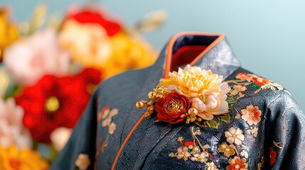 Kimono with floral brooch, colorful background, spring fashion
