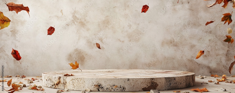 Aufkleber autumn leaves falling on empty round podium with grunge background for product placement
