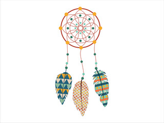 Obraz premium Colorful Dream catcher with Geometric Feather Patterns on White Background. Concept of Native Art, Bohemian Decor, Dreamy Symbol, Cultural Ornament, Ethnic Craft Design Element.