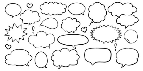Fototapeta premium Chalk crayon speech bubbles set. Crayon balloon frame, dialogue talk in sketch style. Hand drawn vector illustration