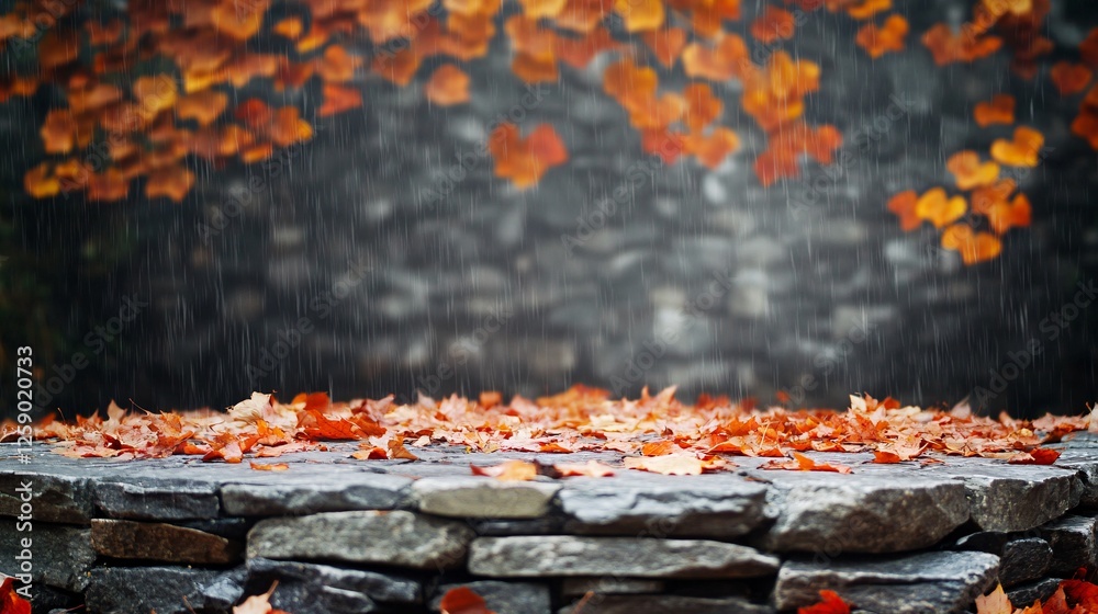Aufkleber autumn rain on a stone ledge with colorful leaves and a blurred background