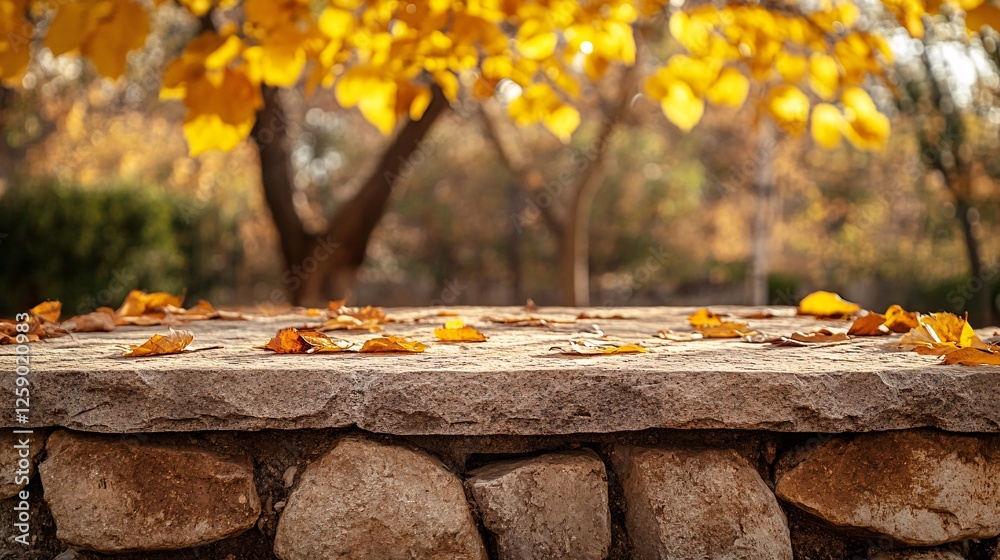 Aufkleber autumn leaves on stone background creating space for fall product placement