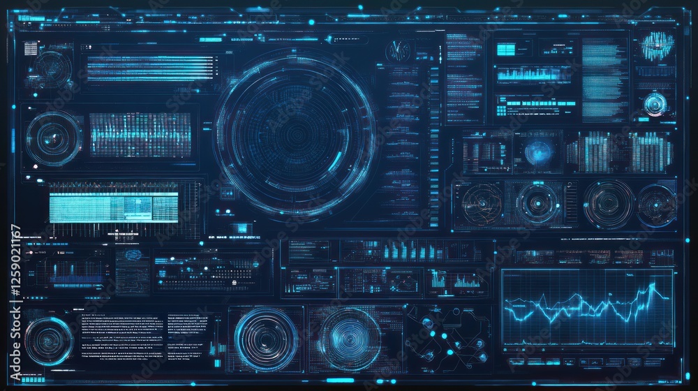 Wall mural futuristic blue digital interface with various data visualizations, graphs, and charts on a dark bac