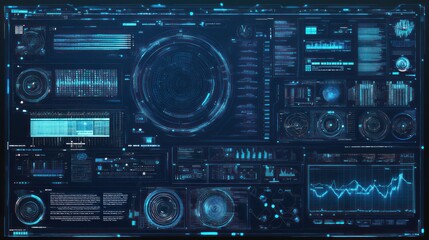 Futuristic blue digital interface with various data visualizations, graphs, and charts on a dark background.