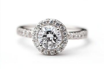 Elegant diamond engagement ring with halo setting on white