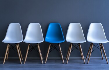 Unique blue chair among white chairs in a modern office