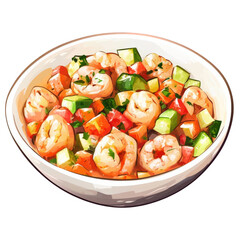 A modern food illustration of a shrimp ceviche, transparent background, PNG