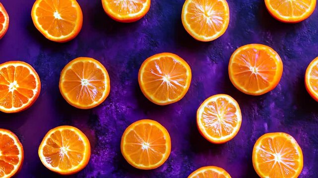 A vibrant and zesty background of whole and sliced kumquats arranged randomly on a deep purple surface, their bright orange tones popping against the dark backdrop.