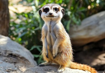 Adorable Meerkat Standing Tall in the Desert Sun. Perfect for Your Wildlife or Animal Photography Needs!