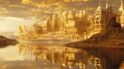 Naklejka premium Desert landscape where a golden mirage creates illusions of distant cities and palaces. surreal desert mirage. illustration. Gravity-Warped Cities. Illustration