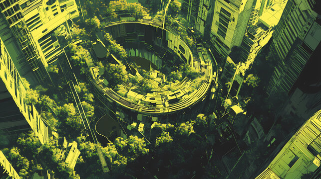 Environmental design regenerative cities, the future of green cities. Gravity-Warped Cities. Illustration