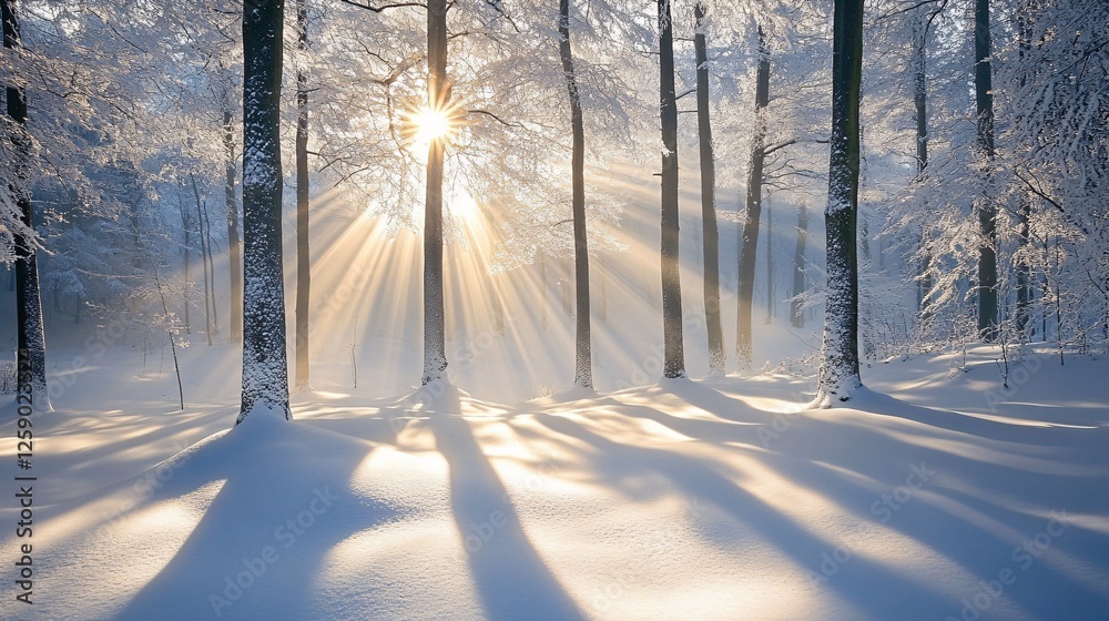 Poster Sunlight filtering through snow-dusted trees in a wintry forest