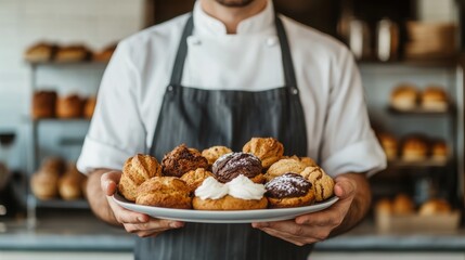 Freshly baked pastries displayed on a platter, showcasing a variety of flavors and textures in a cozy bakery setting.