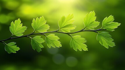 Fototapeta premium Spring branch, green leaves, sunlight, bokeh background, nature