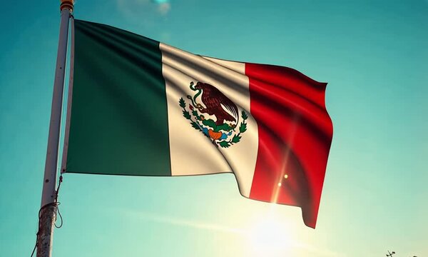 Mexico national flag footage. Mexico flag on flagpole waving HD video