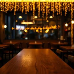 Empty wooden table on blurred light gold bokeh of cafe restaurant on dark background Bokeh light lights background bokeh abstract light bright effect shiny