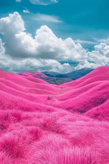 Stunning landscape featuring vibrant pink grass covering rolling hills under a blue sky dotted with white clouds