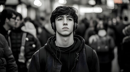 Fototapeta premium A young man with headphones, walking down a crowded street, lost in music. The movement of the crowd contrasts with his focused, solitary pace