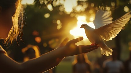 Sunset magic as a girl releases a dove into the warm golden glow of an enchanting summer evening in the park