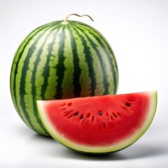Ripe watermelon showing its juicy red flesh with seeds on a clean white background