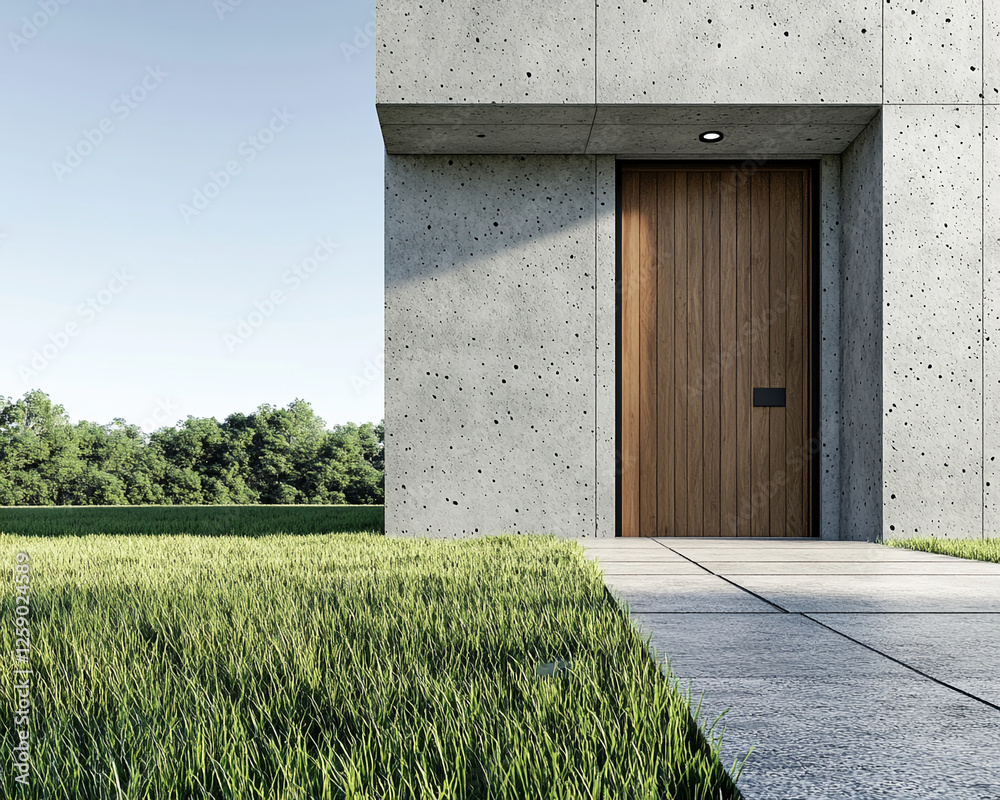Poster modern architectural design of a minimalist concrete building with a wooden door, surrounded by gras